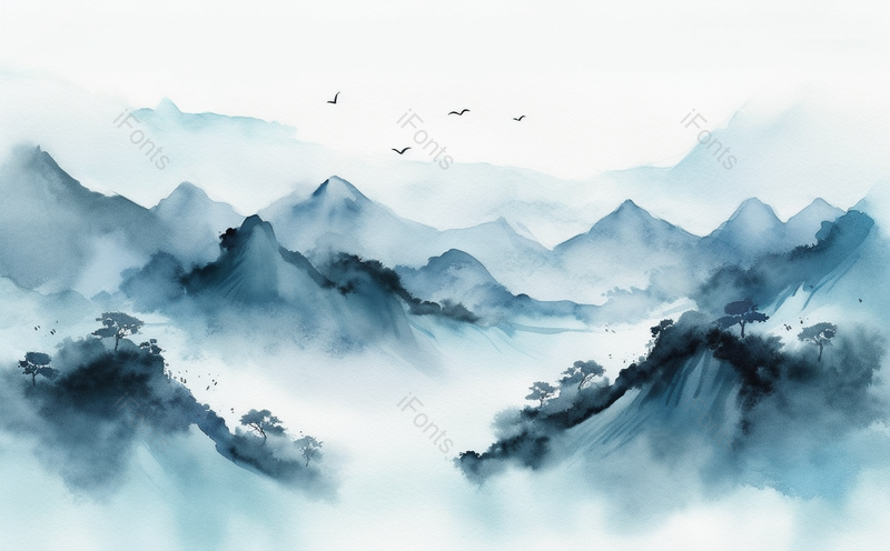 蓝色水墨山水插画,中国风山水画,插画/手绘图,插画/手绘图库,插画/手绘图下载,插画/手绘